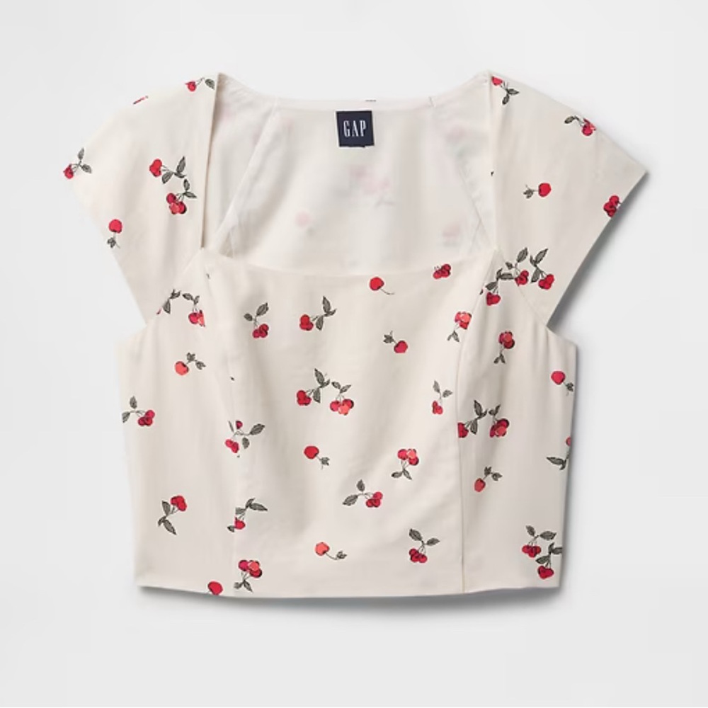 GAP Women's Linen-Blend Cap-Sleeve Crop Top - Cherry Print